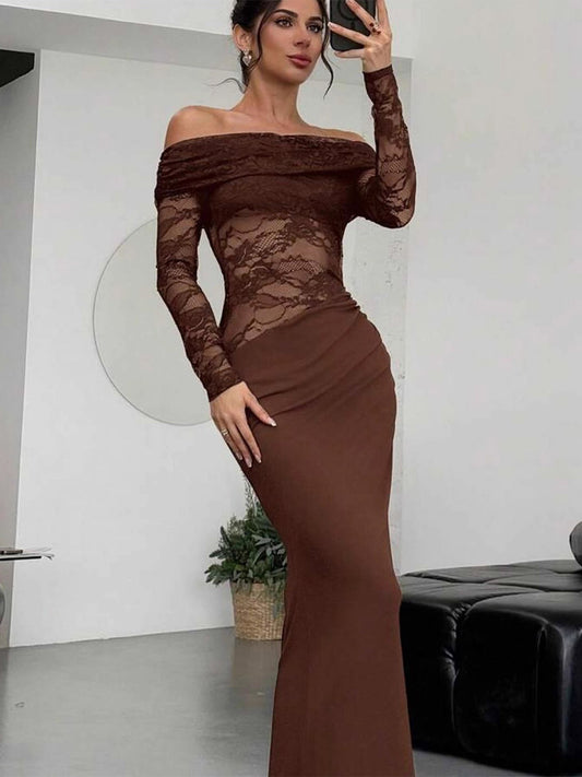 Party Dress Maxi Coffee Brown Off-The-Shoulder Lace Long Sleeves Shaping Elegant Semi Formal Dress