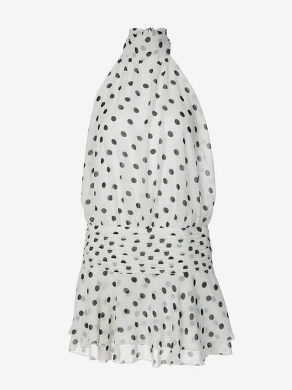 Date Night Dresses Mini Backless Halter Polka Dot High Collar Chic White Chiffon Dress