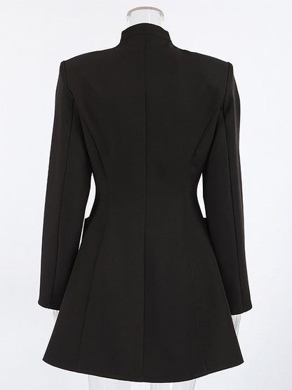 Party Dresses Stand Collar Gold Button Long Sleeve Pocket Office Blazer Dress