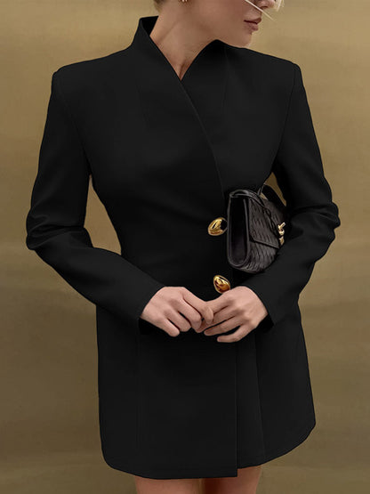 Party Dresses Stand Collar Gold Button Long Sleeve Pocket Office Blazer Dress