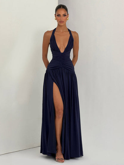 Party Dresses Halter Ruched High Slit Elegant Women Evening Long Maxi Dress