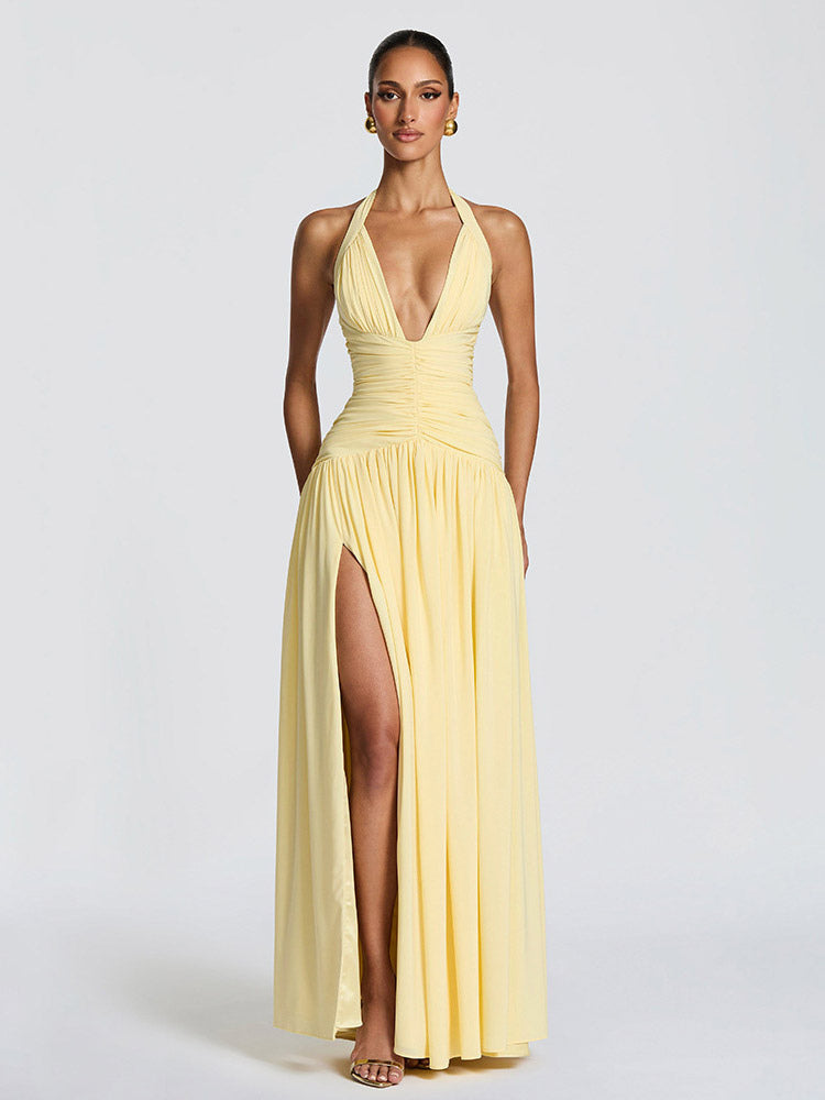 Party Dresses Halter Ruched High Slit Elegant Women Evening Long Maxi Dress