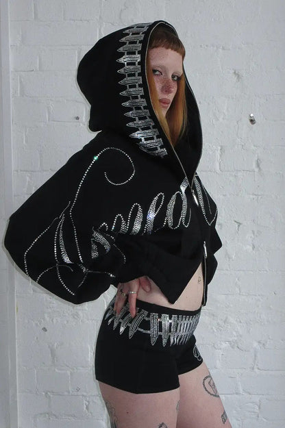 Hip Hop Letters Rhinestone Zipper Hoodie