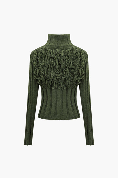 Solid Sweater Fringe Zipper Long-Sleeve Top