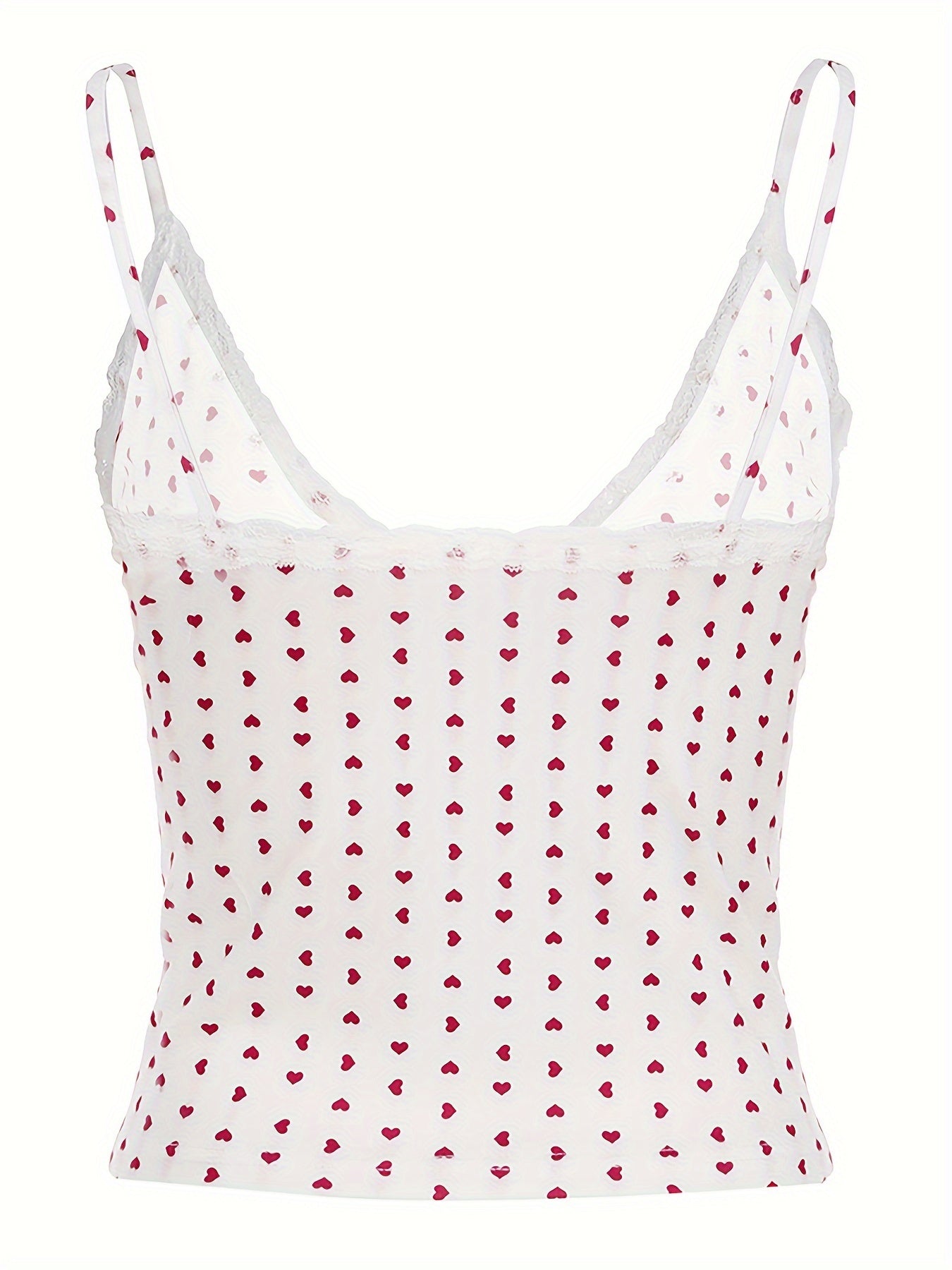 Y2K Aesthetic V-Neck Camisole with Contrast Lace Detail, Geometric Heart Pattern, Knit Fabric Slingback Top, 95% Polyester 5% Elastane, 180g/m² Lightweight Fabric