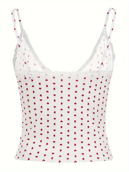 Y2K Aesthetic V-Neck Camisole with Contrast Lace Detail, Geometric Heart Pattern, Knit Fabric Slingback Top, 95% Polyester 5% Elastane, 180g/m² Lightweight Fabric