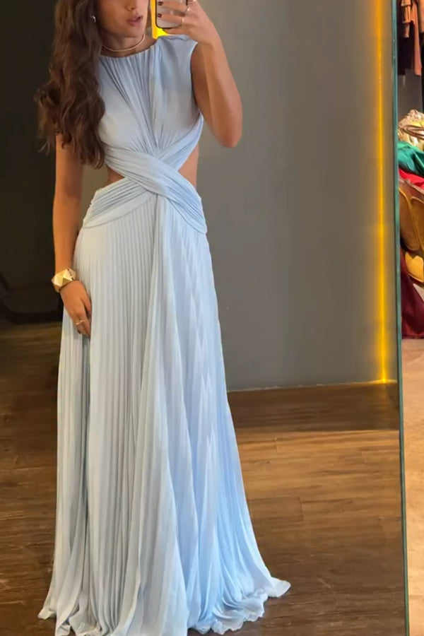 Tamia Pleated Chiffon Fabric Crossover Cutout Waist Open Back Maxi Dress