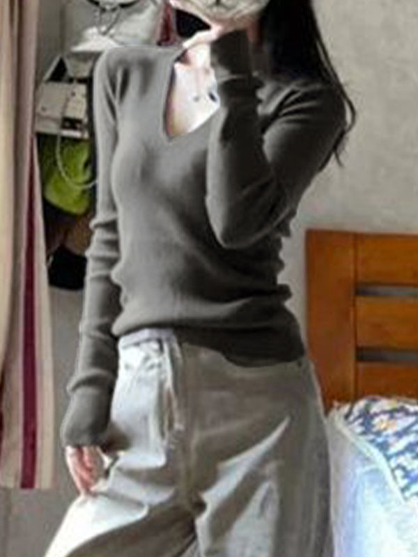 Solid V Neck Ribbed Long Sleeve Knit