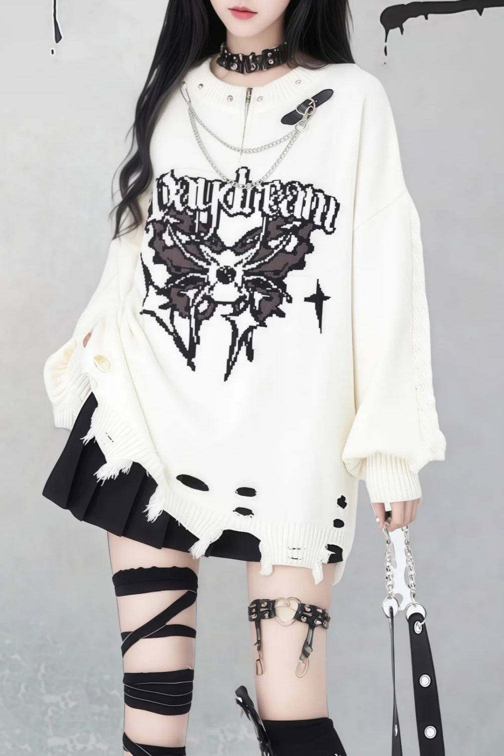 Gothic Y2K Subculture Rivet Print Ripped Loose Knit Sweater