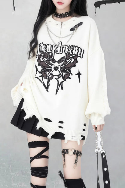 Gothic Y2K Subculture Rivet Print Ripped Loose Knit Sweater