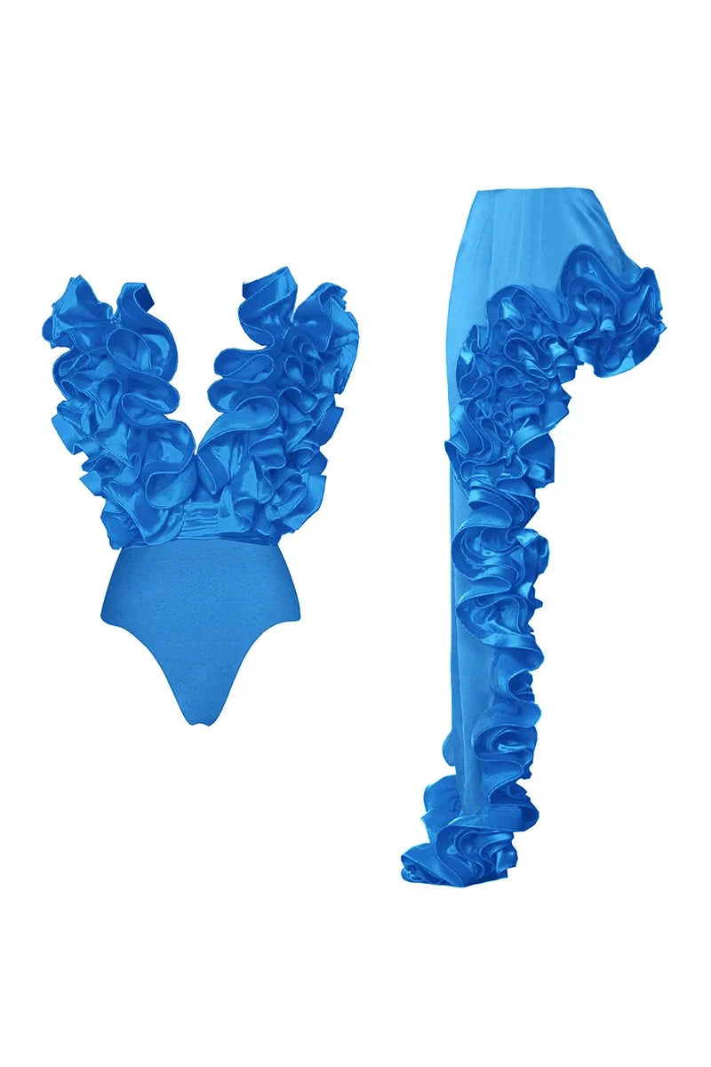 Traje de baño azul con escote en V y encaje