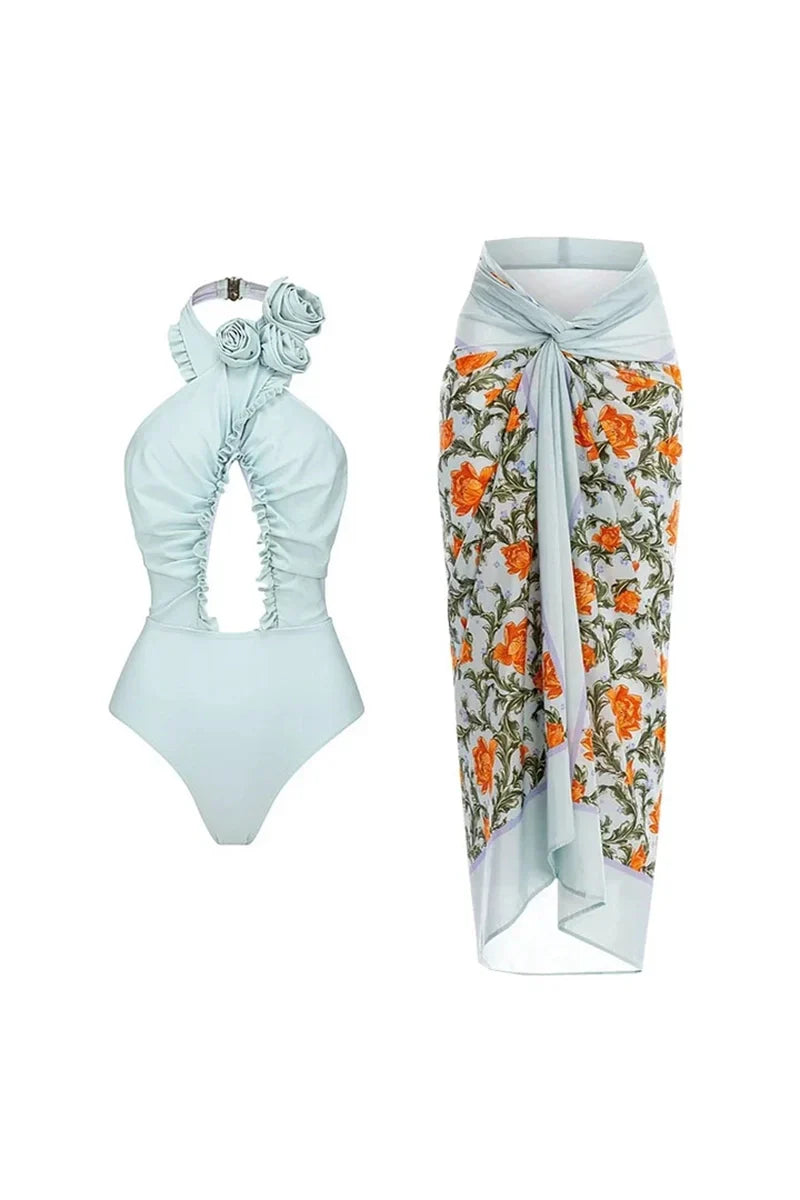 Traje de baño sin espalda y cuello halter con conjunto floral 3D