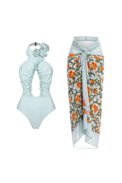 Traje de baño sin espalda y cuello halter con conjunto floral 3D