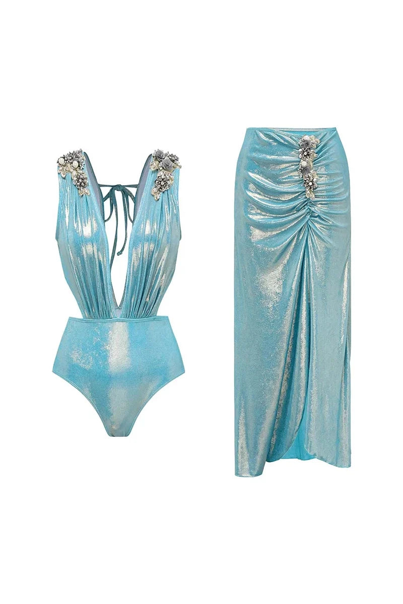 3D Butterfly Blue Glossy Swimsuit Set