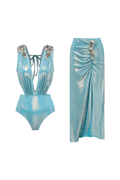 3D Butterfly Blue Glossy Swimsuit Set