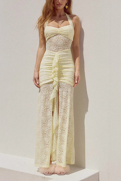 Halterneck Lace Patchwork Ruched Dress
