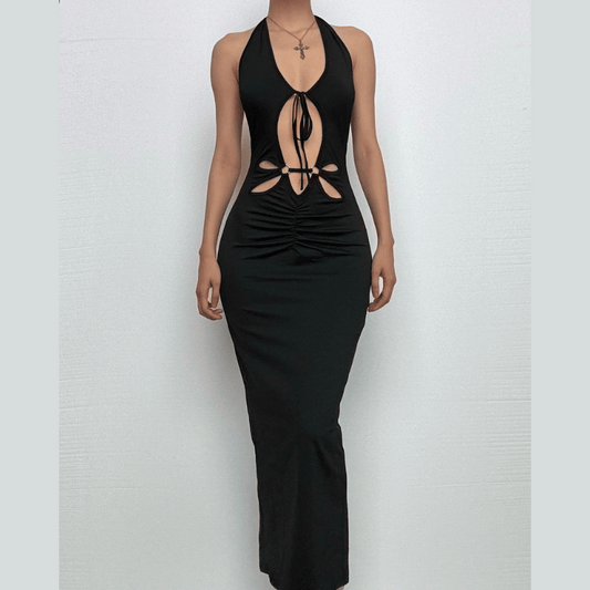 Halter hollow out backless v neck slit cut out midi dress  | Festival Outfits Women