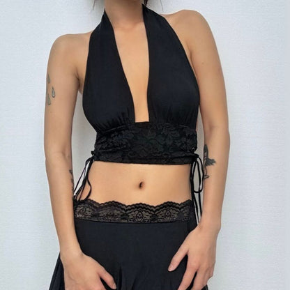 Halter self tie lace v neck backless top  | Festival Outfits Women