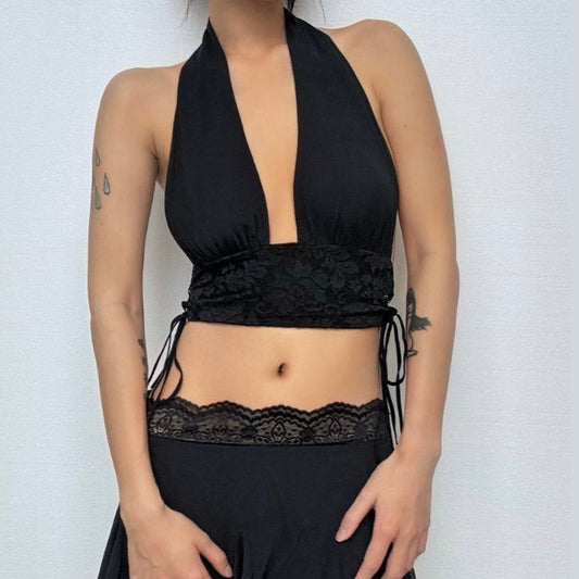 Halter self tie lace v neck backless top  | Festival Outfits Women