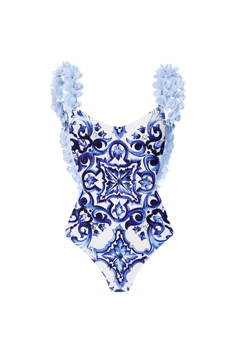 Bikini de una pieza azul con apliques hechos a mano