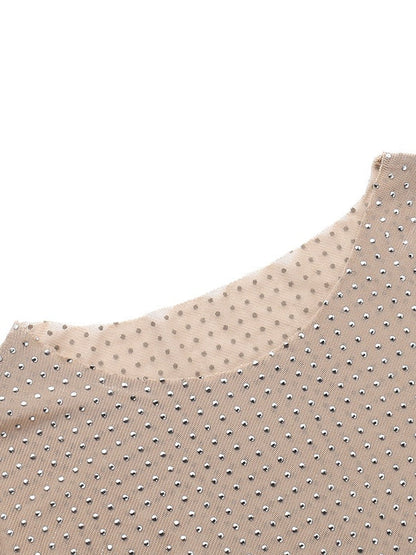 Nude Rhinestone See-through Tight-fitting Long-sleeved Top