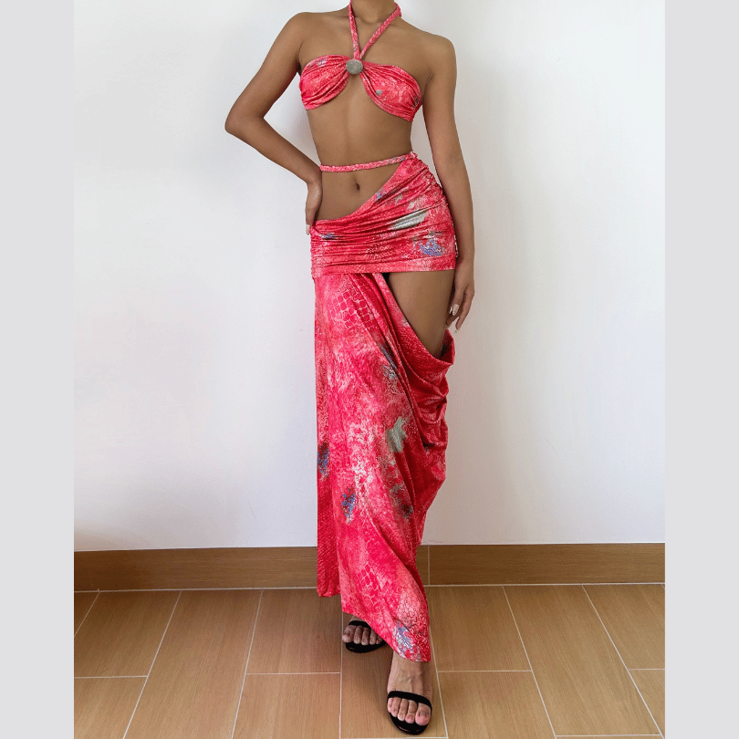 Halter self tie hollow out ruched maxi skirt set  | Festival Outfits Women