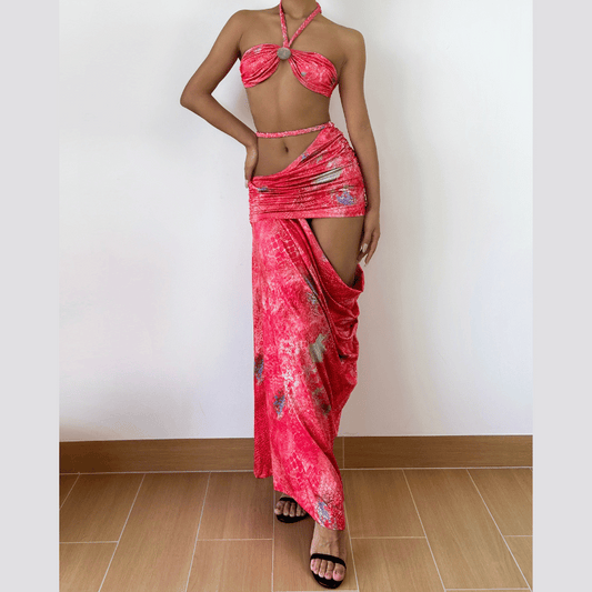 Halter self tie hollow out ruched maxi skirt set  | Festival Outfits Women