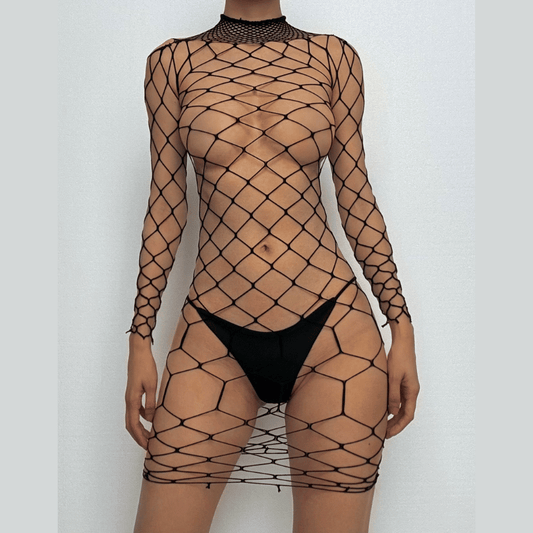Long sleeve high neck fishnet hollow out lingerie set  | Festival Outfits Women