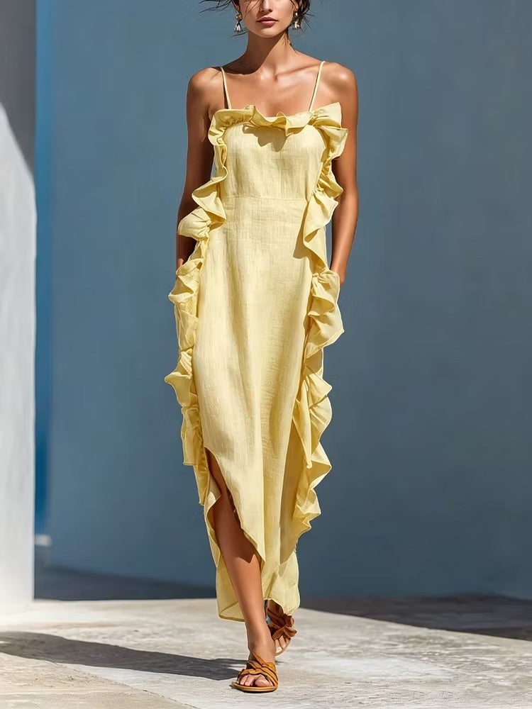 Resort-style Sleeveless Backless Long Dress With Ruffles