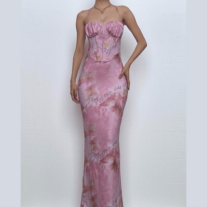 Halter print ruched bustier high slit knotted maxi dress  | Festival Outfits Women