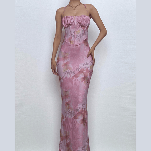 Halter print ruched bustier high slit knotted maxi dress  | Festival Outfits Women