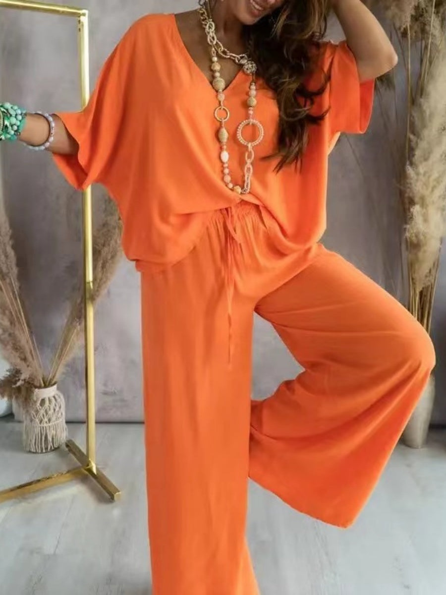V-neck Batwing Sleeve Casual Loose Wide-leg Pants Two-piece Set