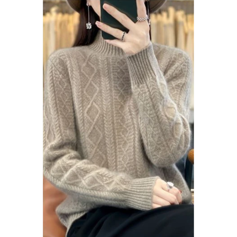 Elegante jersey de punto trenzado con cuello alto para mujer | Ideal para otoño/invierno