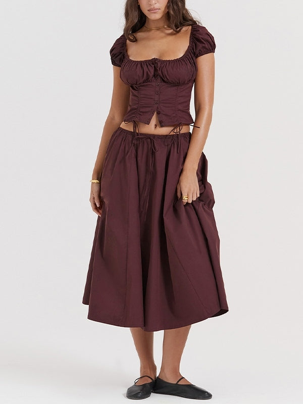 Solid Drawstring Puff Sleeve Cropped Tee & Midi Skirt Set