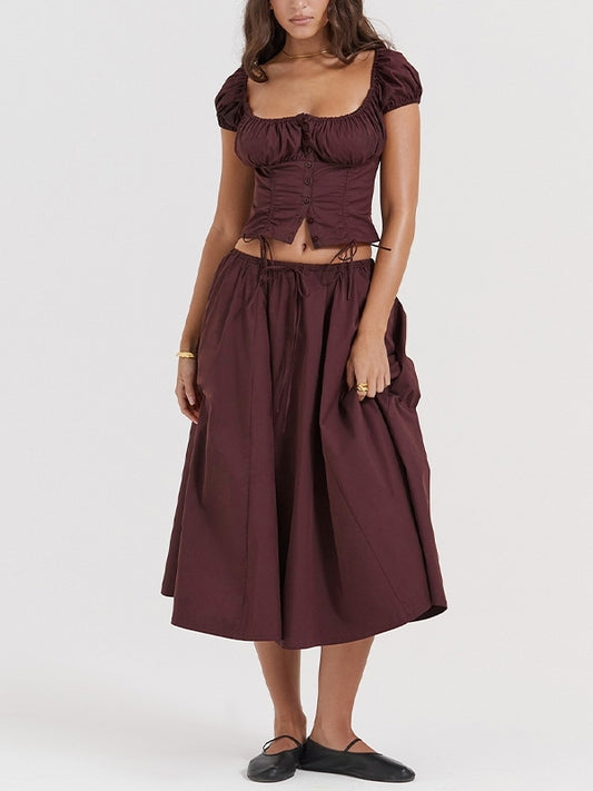 Solid Drawstring Puff Sleeve Cropped Tee & Midi Skirt Set