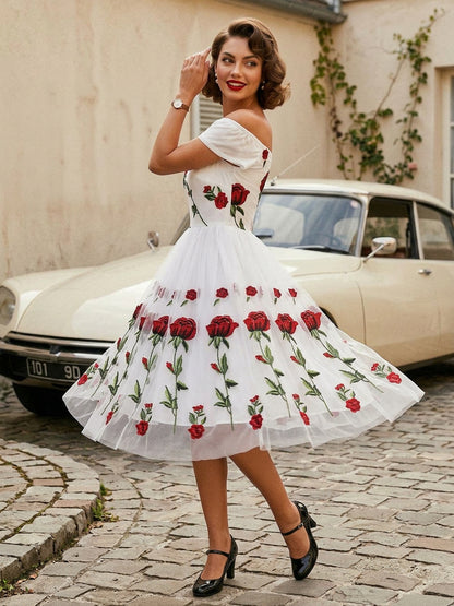 Rose Embroidered Vintage Midi Swing Dress for Women - 1950s Off Shoulder Style A-Line - Summer Tea Party 2026