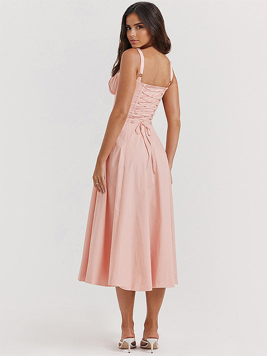 Soft Pink Summer Dress Sleeveless Straps Neck Cottagecore Lace Up Midi Dress For Women