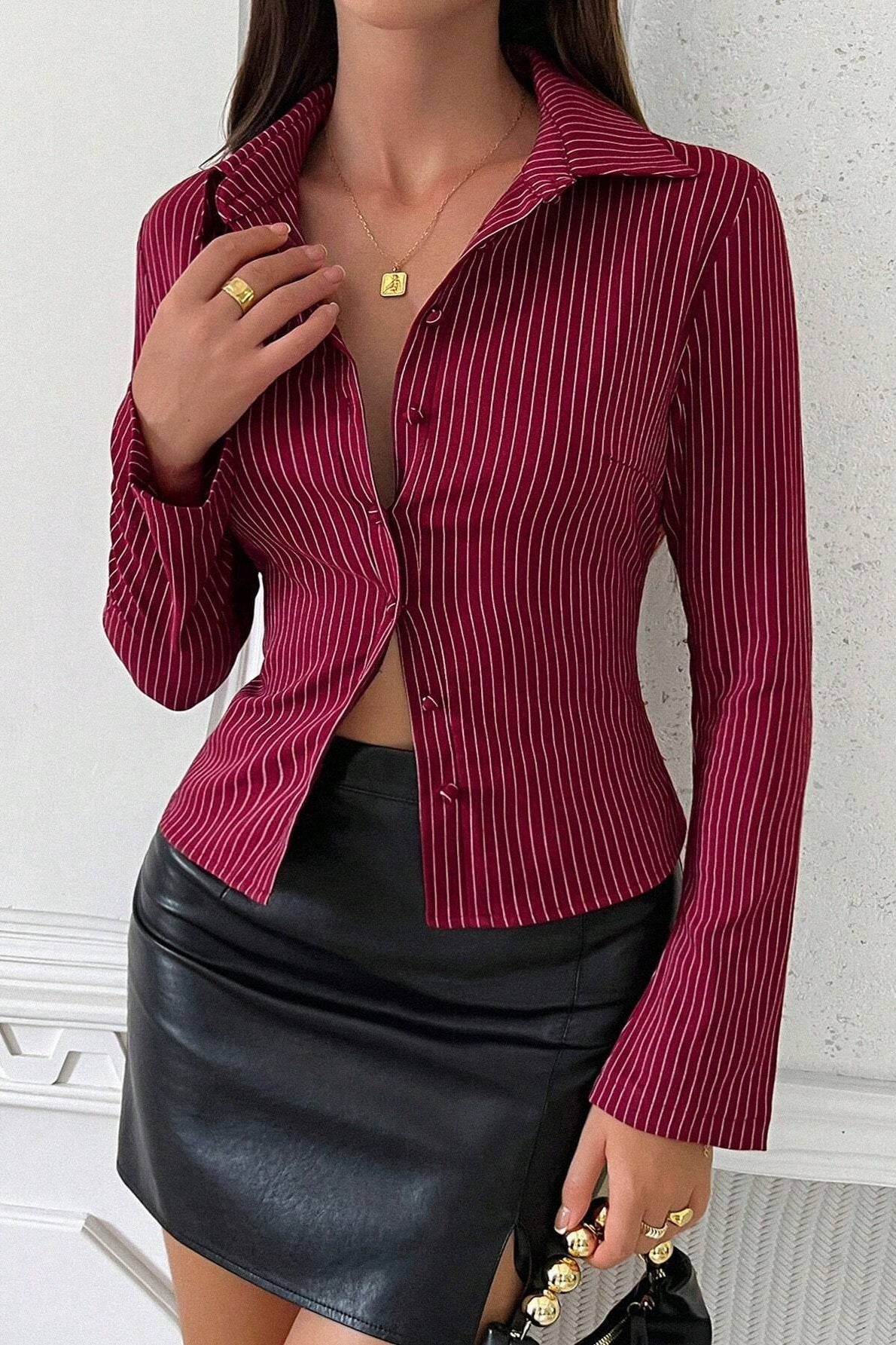 V Neck Striped Long Sleeve Blouse