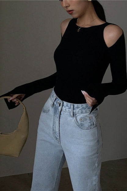 Retro Crew Neck Off-Shoulder Split-Cuff Slim Knit Top