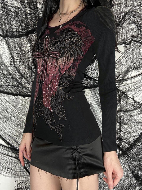 Wing Cross Rhinestone Print Long Sleeve Tee