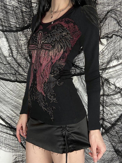 Wing Cross Rhinestone Print Long Sleeve Tee
