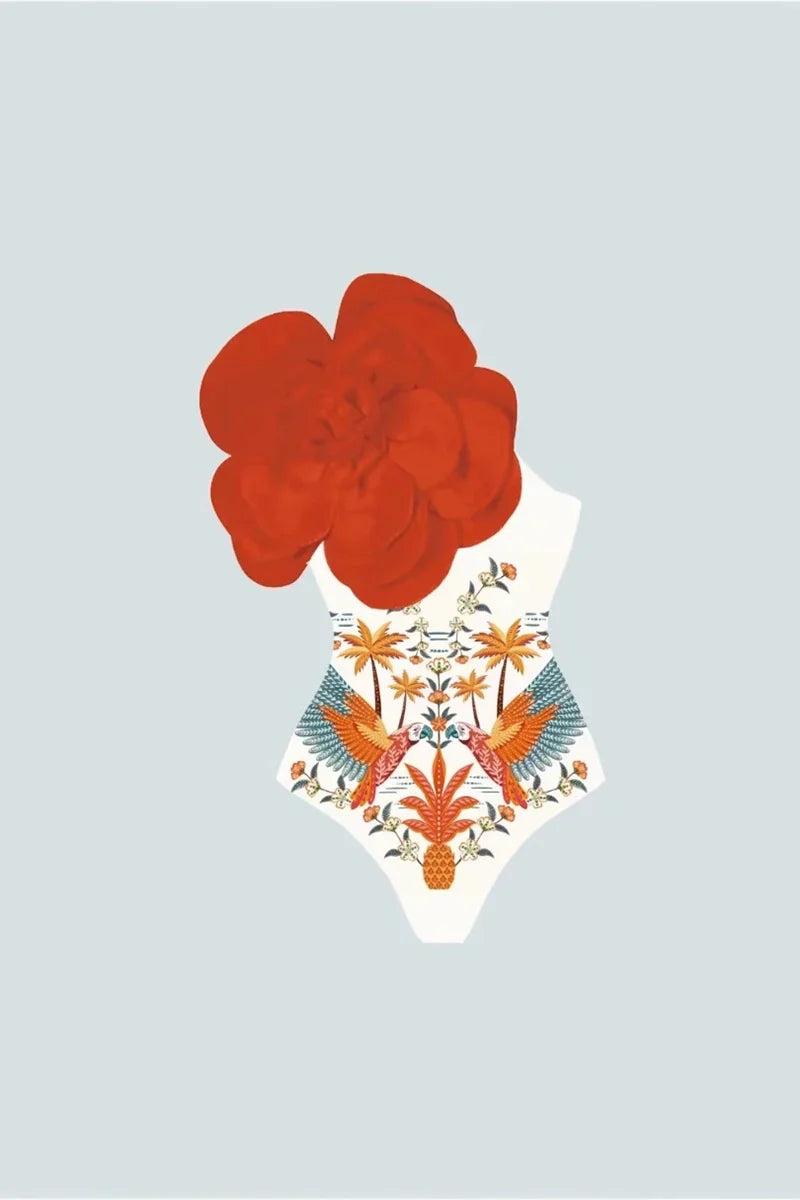 Traje de baño de una pieza con estampado floral y detalle de flores en 3D