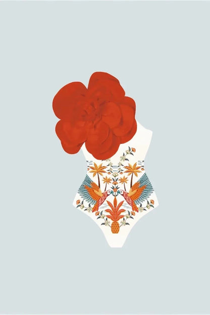 Traje de baño de una pieza con estampado floral y detalle de flores en 3D