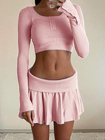 Solid Color Breasted Crop Turned Waist Knit Two Piece