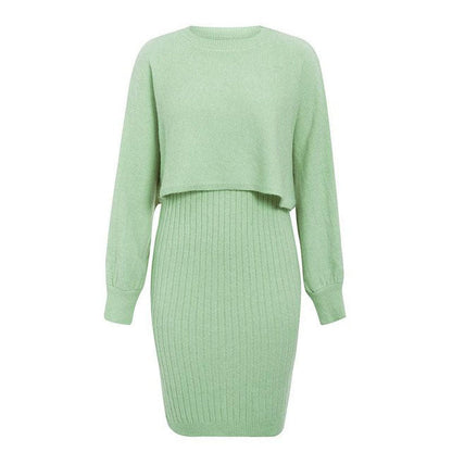 Knitted Dress Two Piece Set Autumn Winter Solid Color Pullover Sweater Women