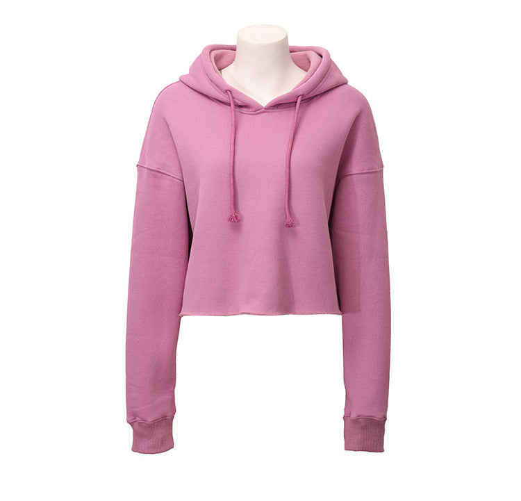 Women Sports Sweatshirt Autumn Winter Fleece-Lined Pullover Hoodie Personalized Bare Cropped Long Sleeved Top