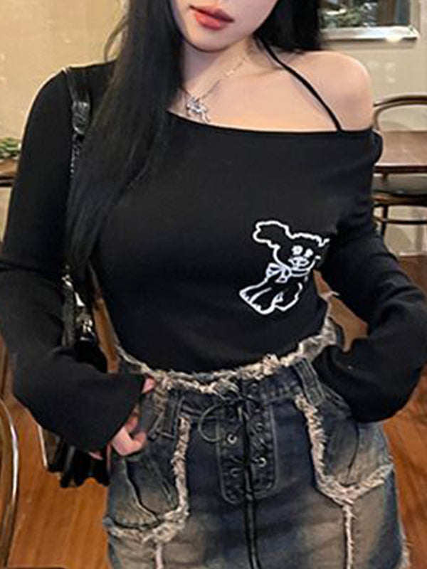 Ribbed Cartoon Print Off Shoulder Long Sleeve Knit