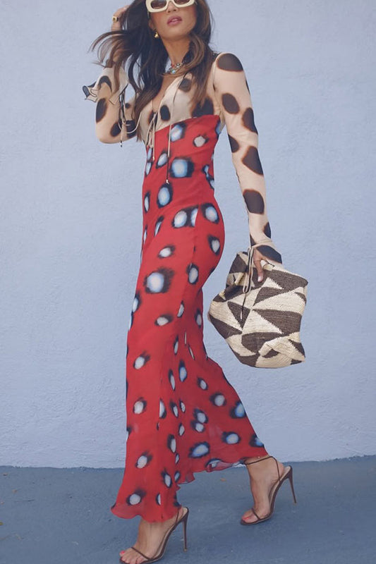Sabine Animal and Butterfly Print Colorblock Long Sleeve Bias Cut Maxi Dress