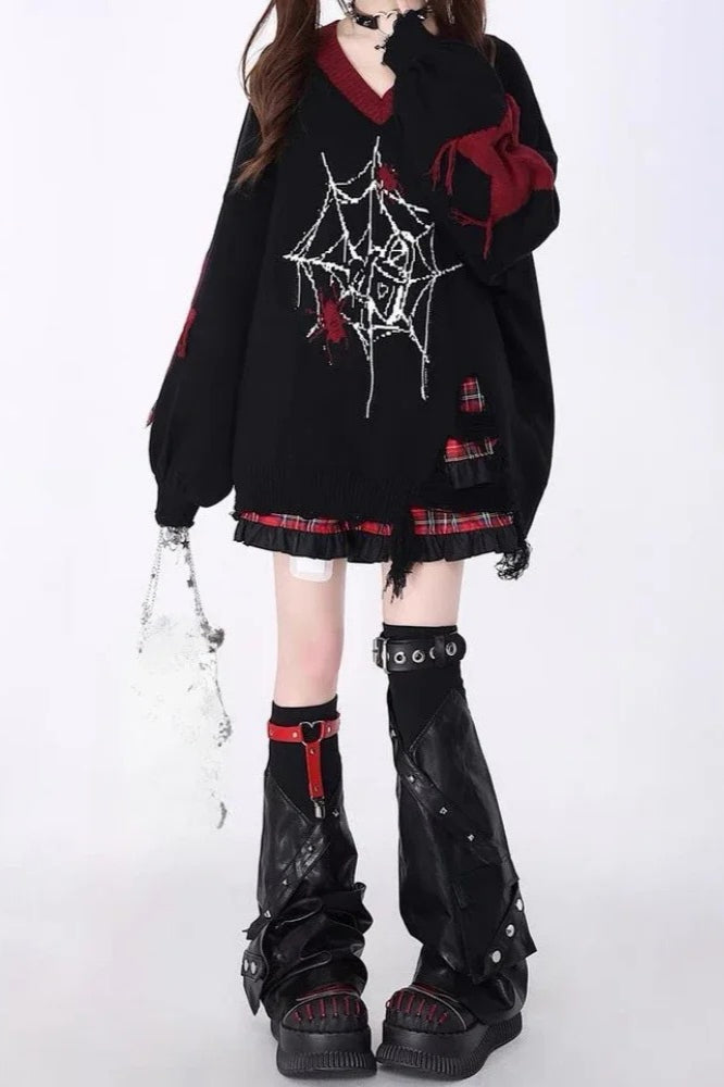 Y2K Harajuku Spider Web Jacquard Oversized Ripped V-neck Sweater