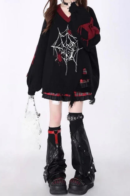 Y2K Harajuku Spider Web Jacquard Oversized Ripped V-neck Sweater